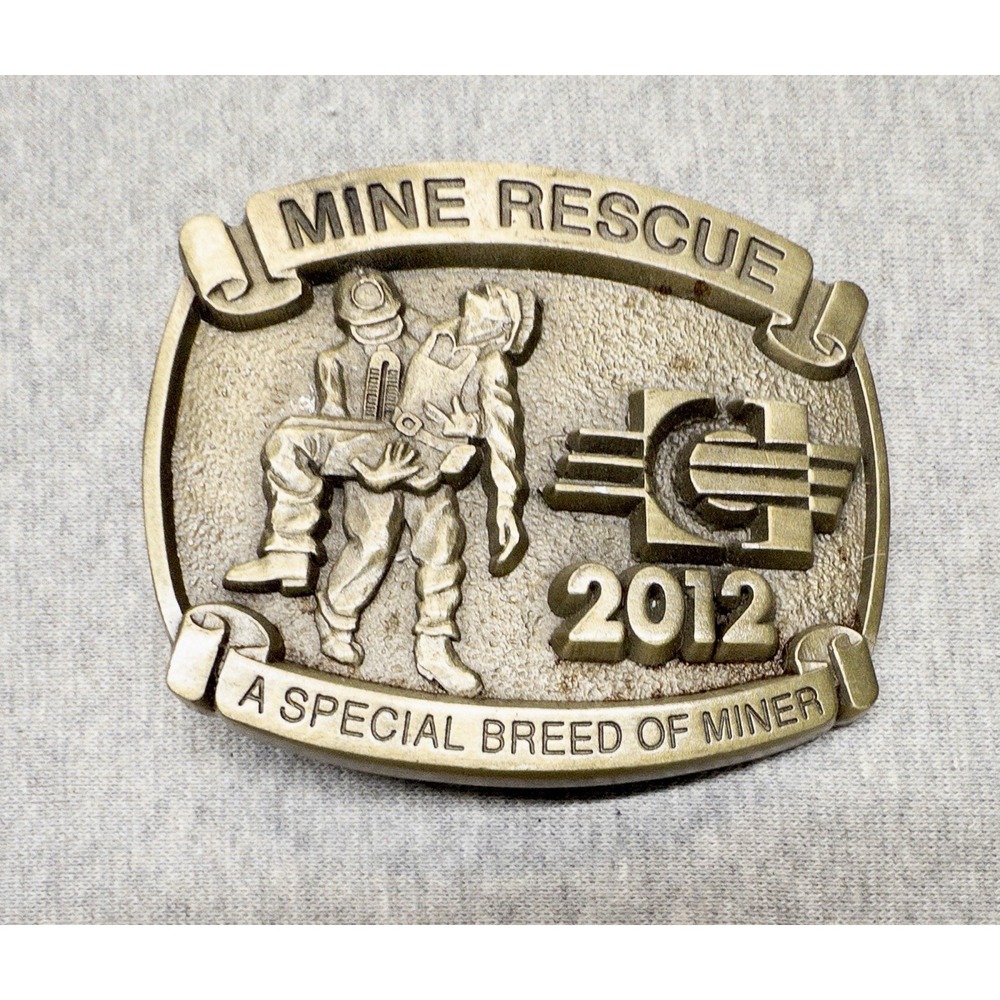 Mine Reacue Gold Tone Belt Buckle 2012 Coal Mining Fits 2" Belt  3" x 2.5"